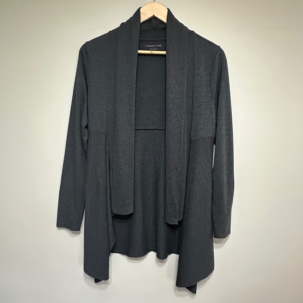 Coldwater Creek Open Front Cardigan Womens S Ribbed Knit Lightweight Gray Layer